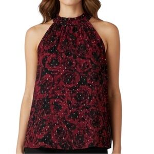 NWT VERA WANG Black & Red Roses Sleeveless Halter Neck Blouse Size Medium